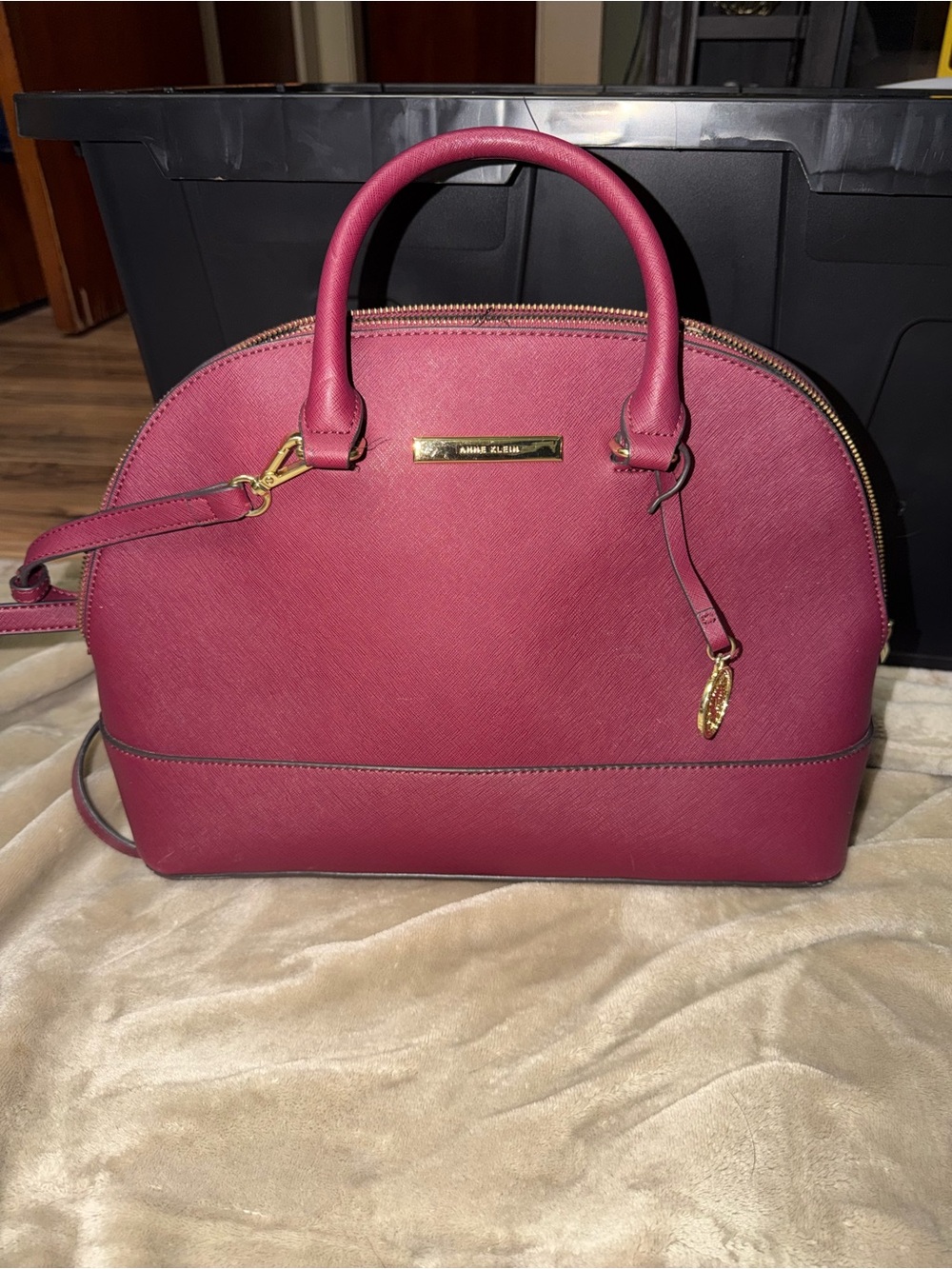 Anne Klein Maroon Dome Satchel with Gold Hardware